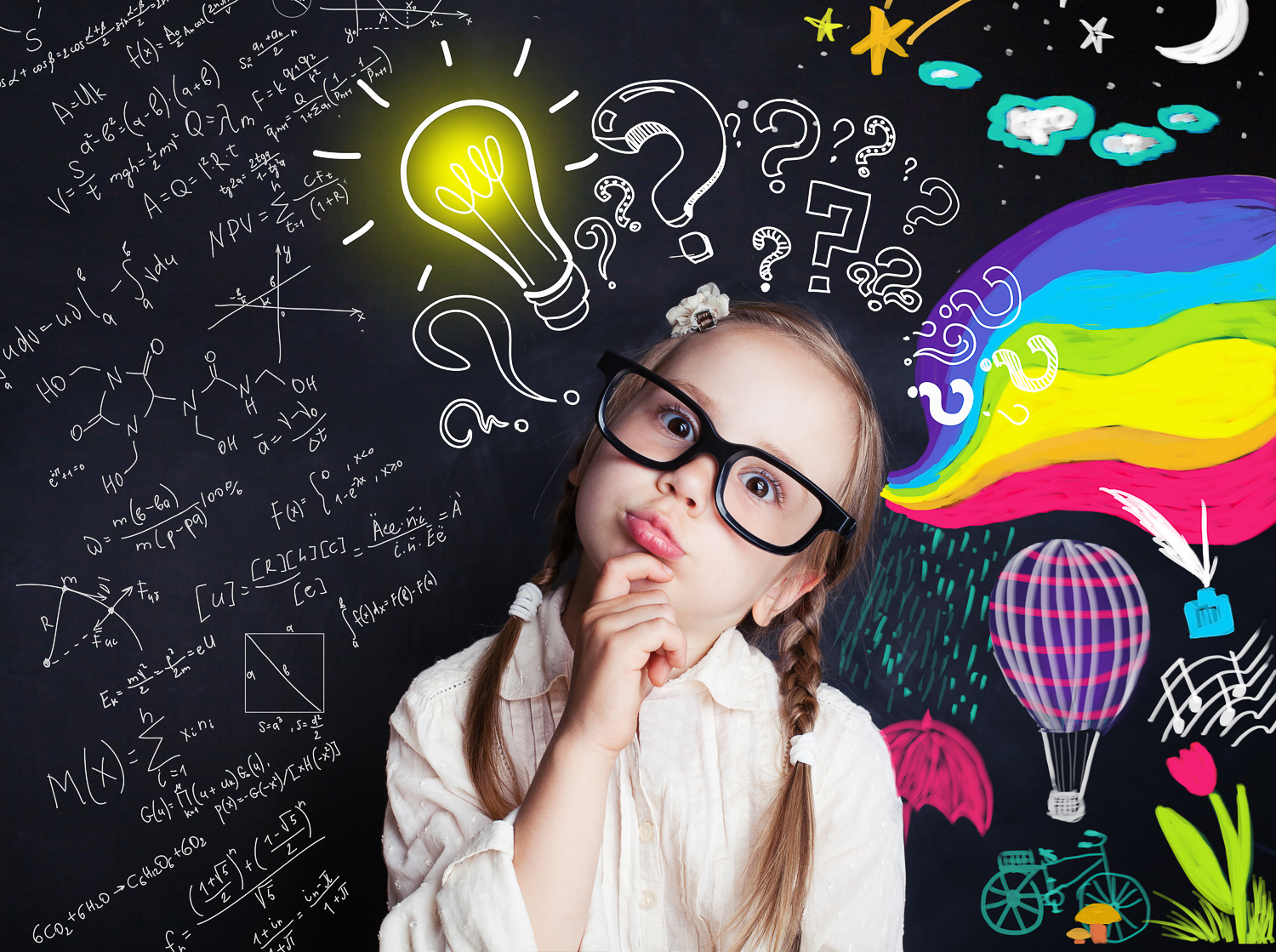 Pensive child school student with yellow lightbulb and school and childhood supplies design elements. Child ideas and development concept